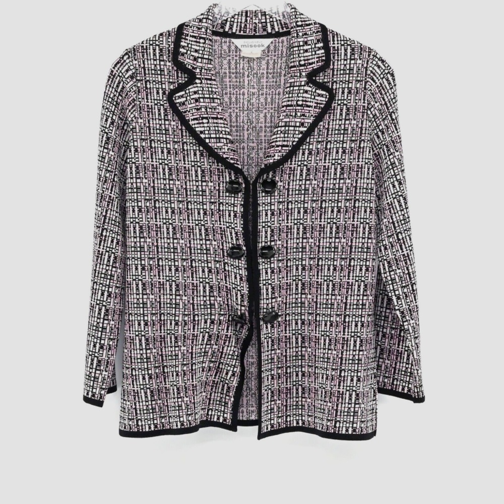 Misook Womens Knit Jacket Sz S Blazer Black Pink Print Retro Career Quiet Luxury